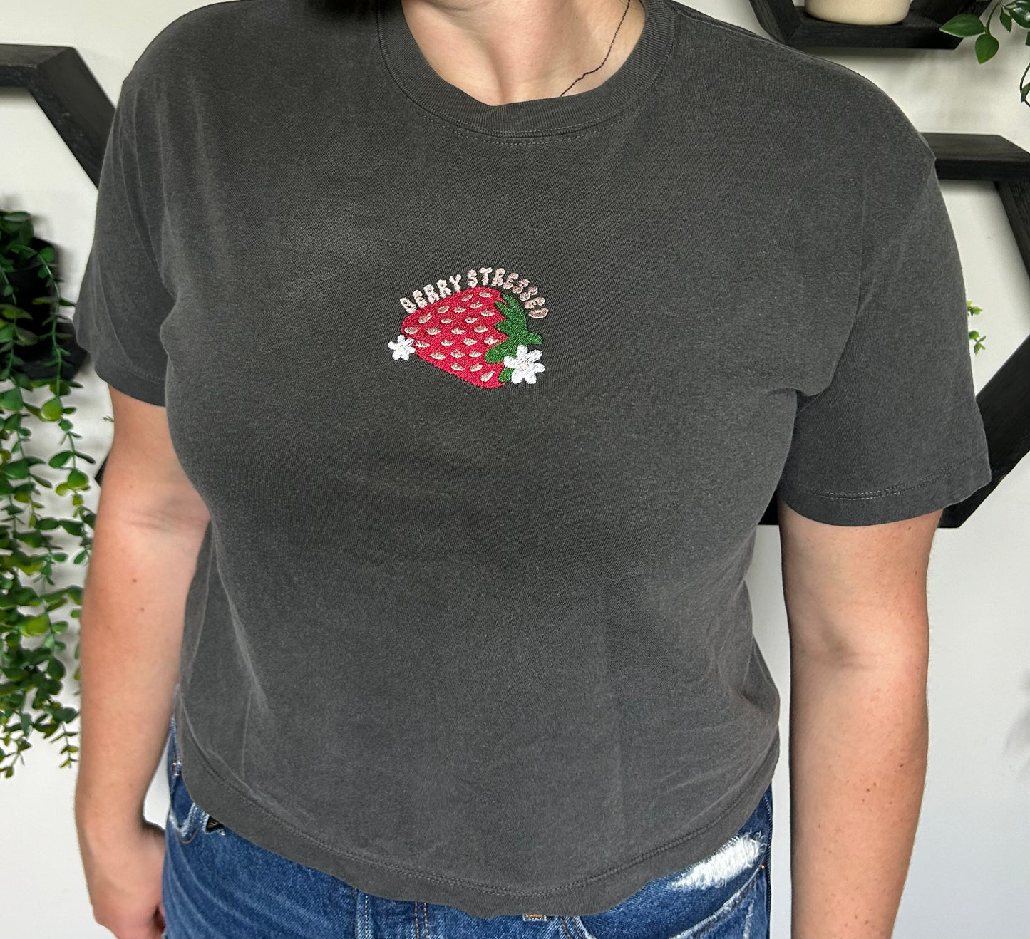 Embroidered Berry Stressed Strawberry Boxy Crop Tee