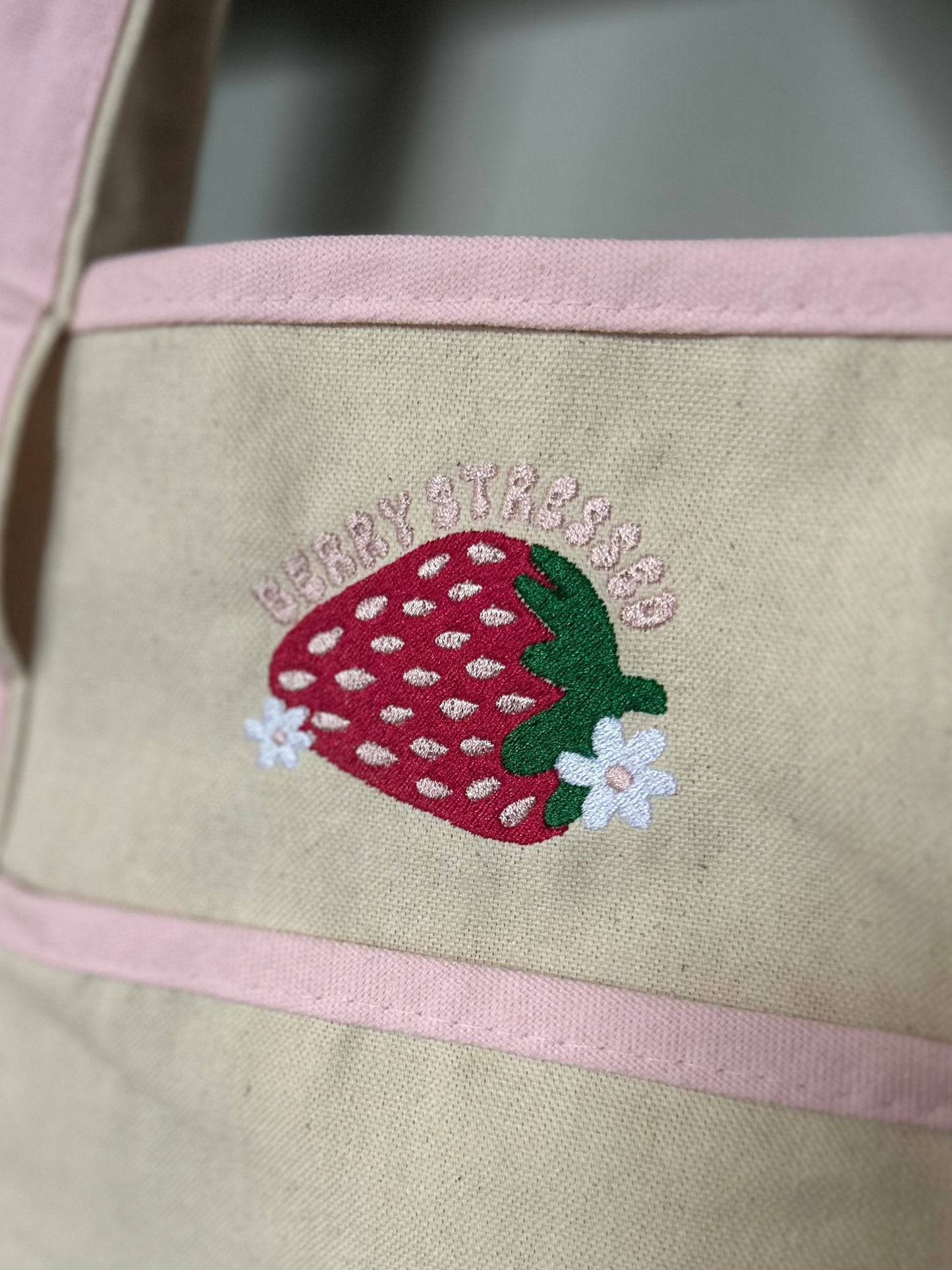 Embroidered Berry Stressed Large Tote Bag