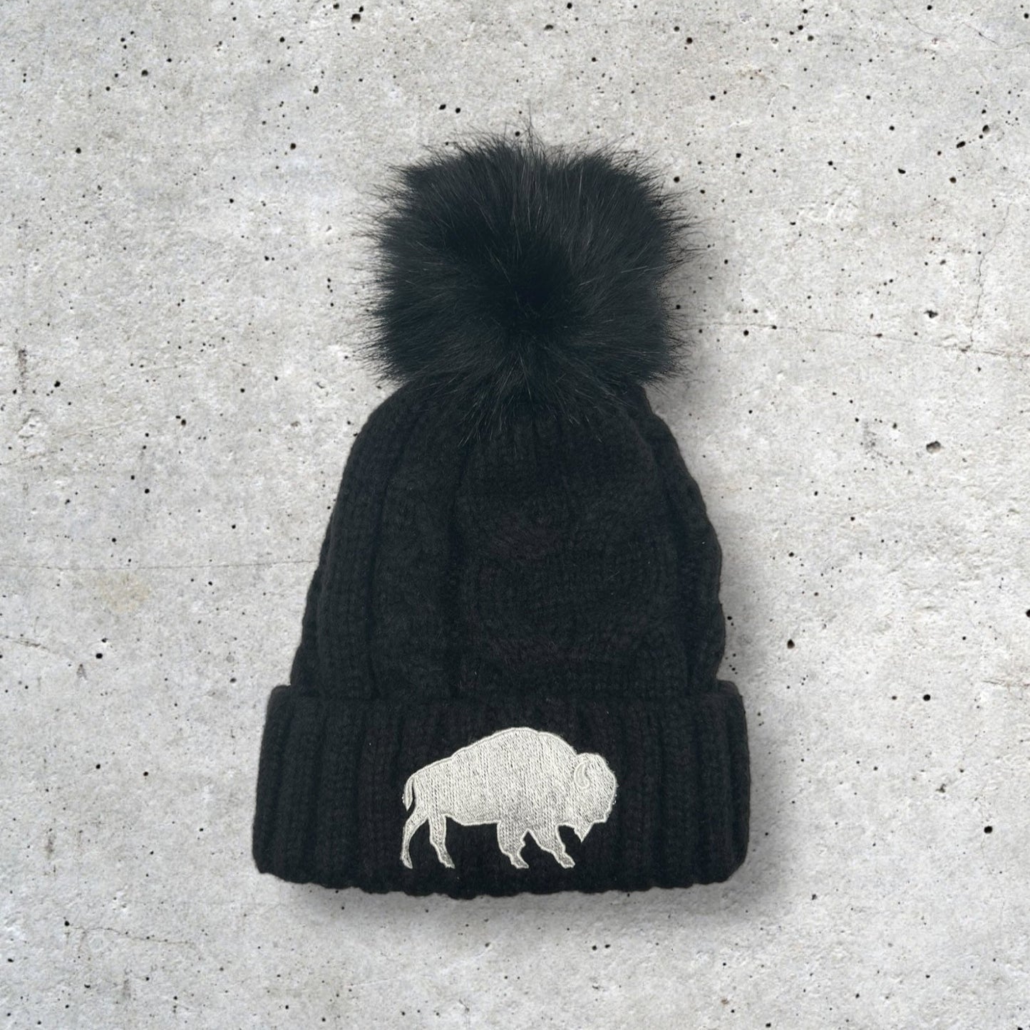 Embroidered Knit Pom Buffalo Beanie