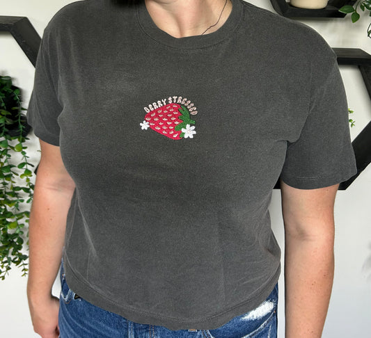 Embroidered Berry Stressed Strawberry Boxy Crop Tee