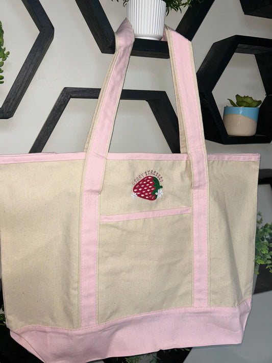 Embroidered Berry Stressed Large Tote Bag