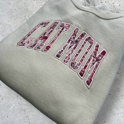 Embroidered Pink Floral Cat Mom Crewneck