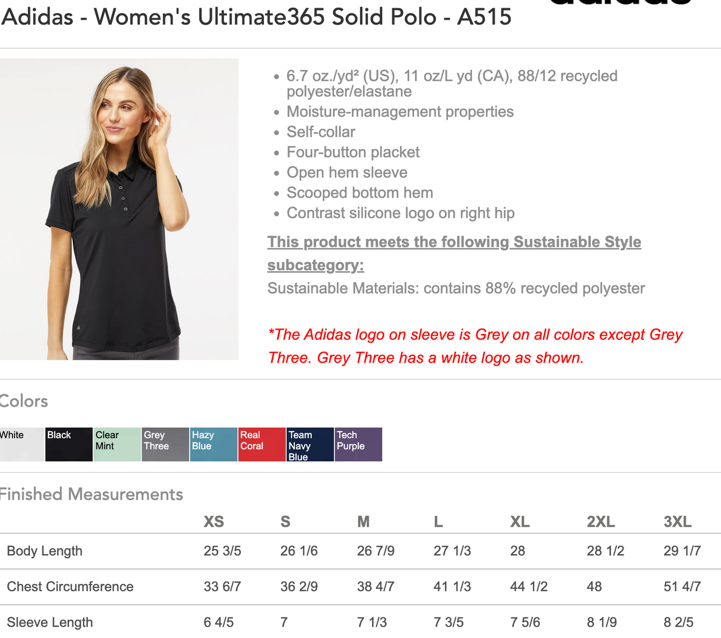 BWGC Embroidered Adidas Women's Ultimate 365 Solid Polo