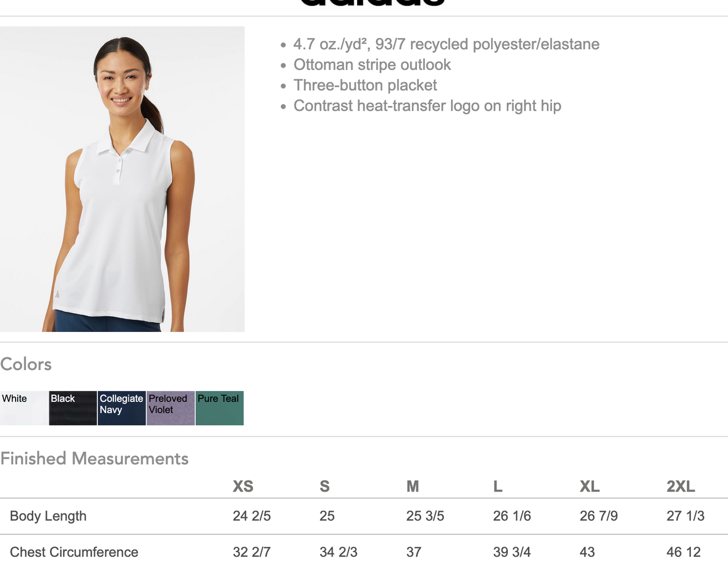 BWGC Embroidered Adidas Women's Ottoman Sleeveless Polo