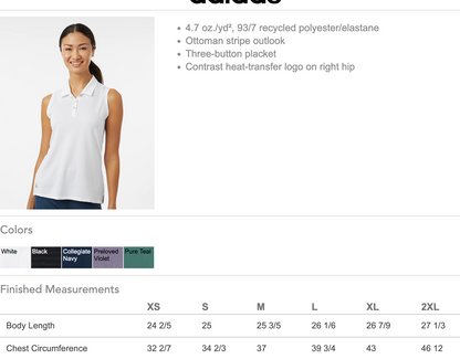 BWGC Embroidered Adidas Women's Ottoman Sleeveless Polo
